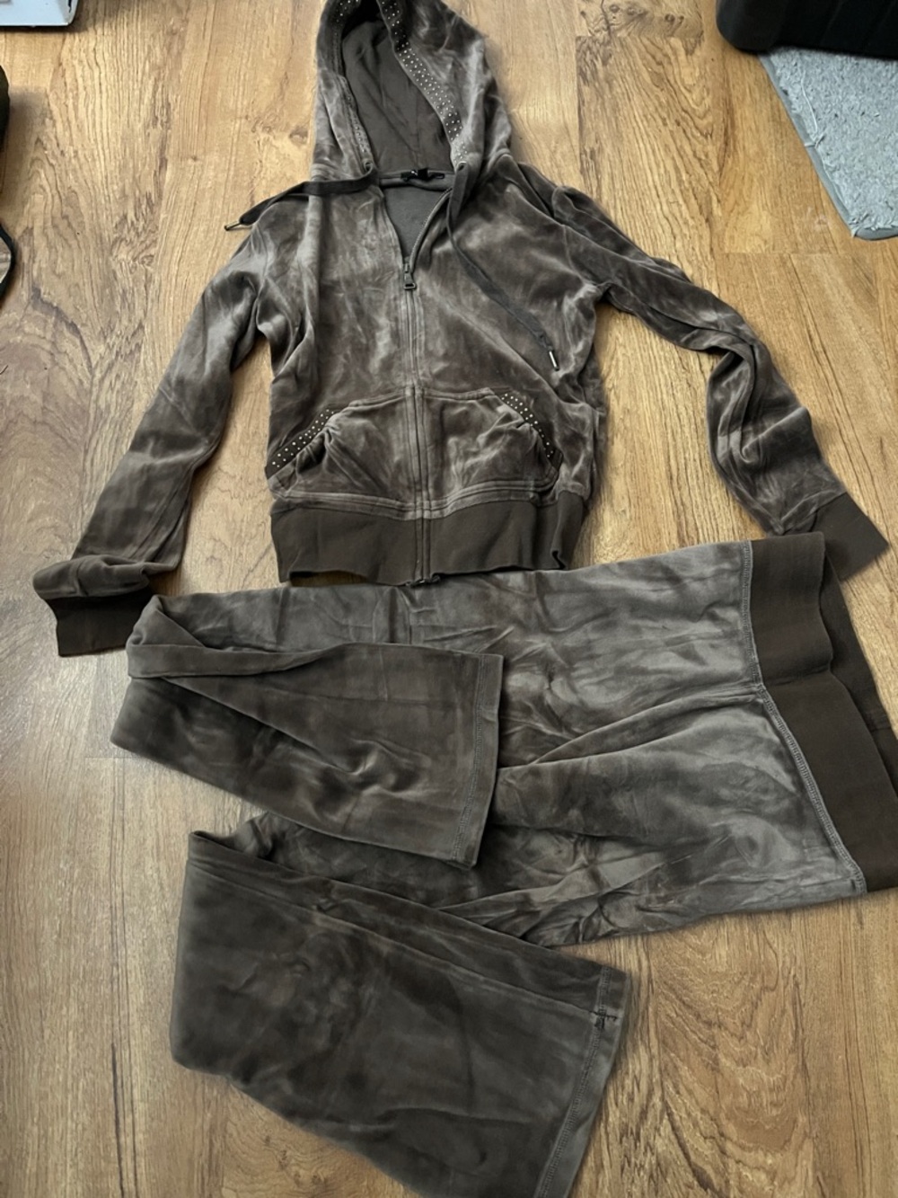 Vintage Y2k Brown Velour Track Suit Set Flare Sweatpants Early 2000s Express XS